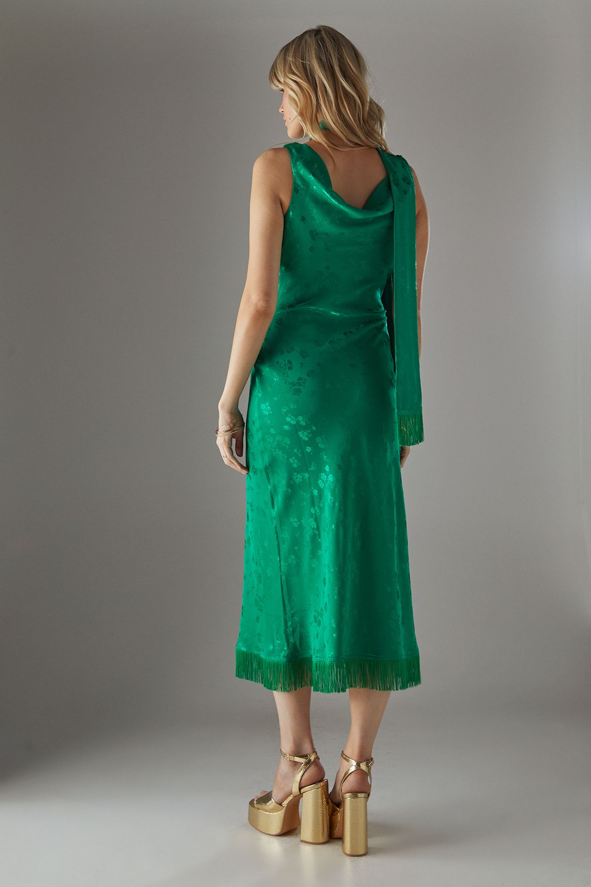 Warehouse Satin Jacquard Cowl Scarf Neck Fringe Midi Slip Dress Bright Green image 4