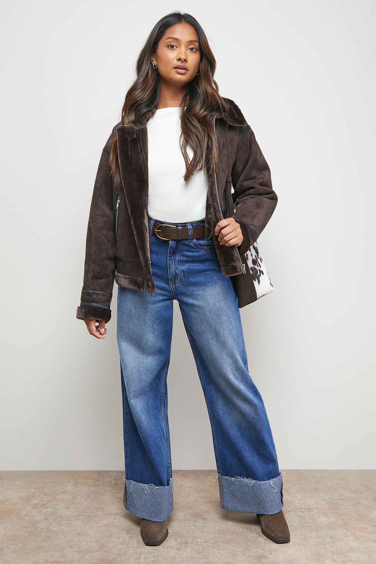 Oasis Zip Through Faux Leather Short Aviator Jacket Chocolate image 2