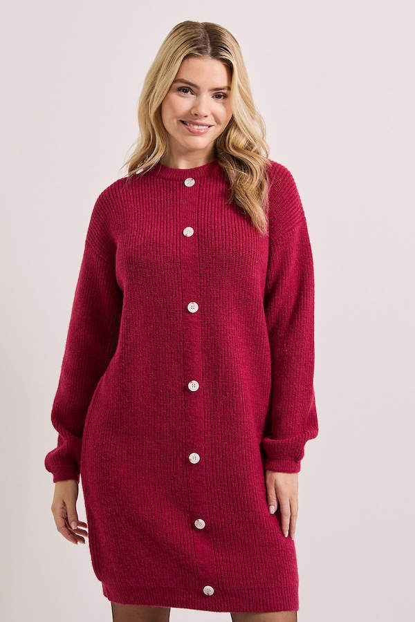 Dorothy Perkins Cranberry Button Down Knitted Dress Cranberry