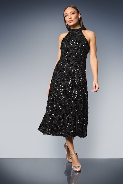 Principles Tie Back Halterneck Sequin Fit & Flare Midi Dress Black