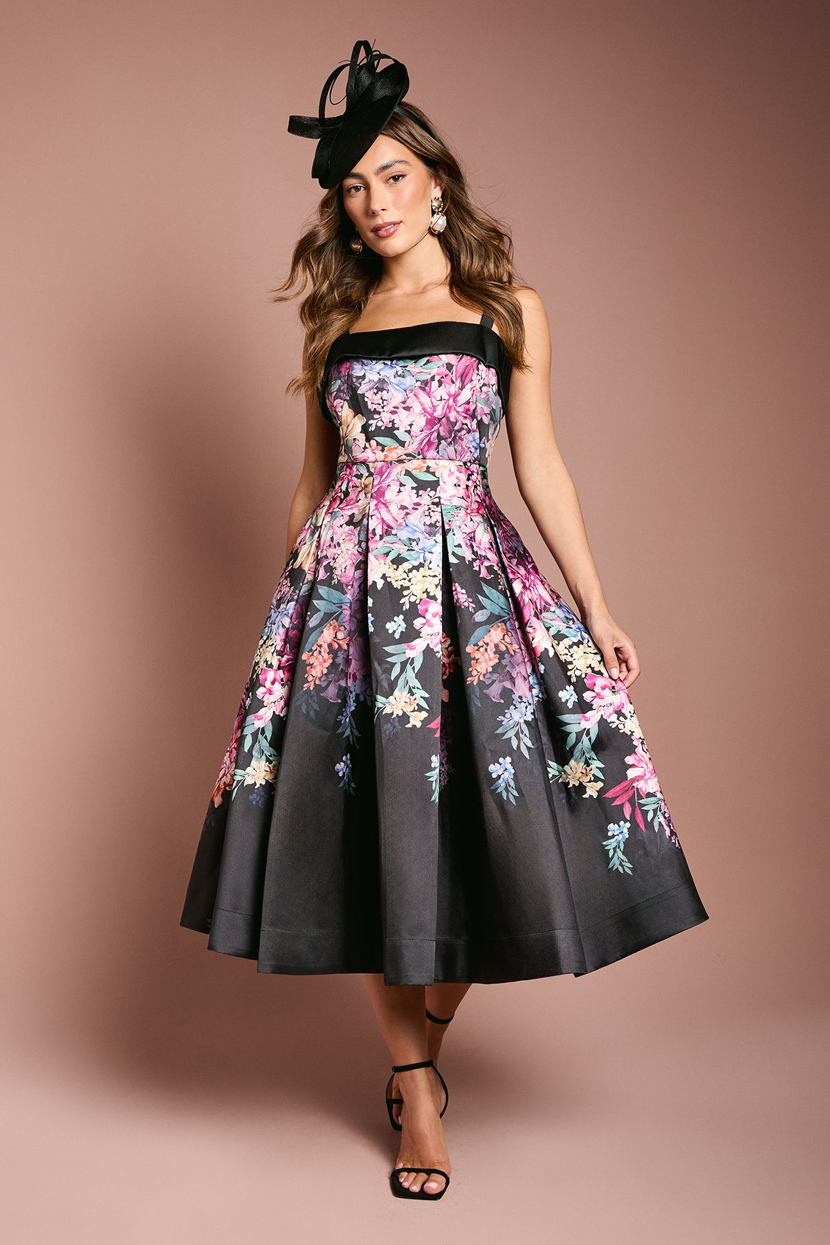 Coast Print Full Skirted Twill Midi Dress Black