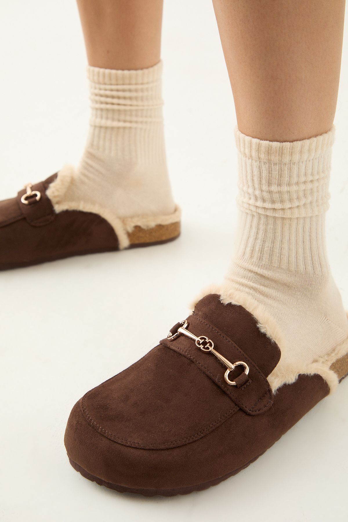 MissPap Faux Suede Fur Lined Snaffle Detail Closed Toe Mules Chocolate image 4