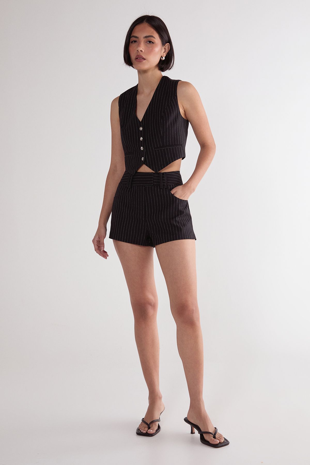 NastyGal Pinstripe Button Down Waistcoat Co-ord Black
