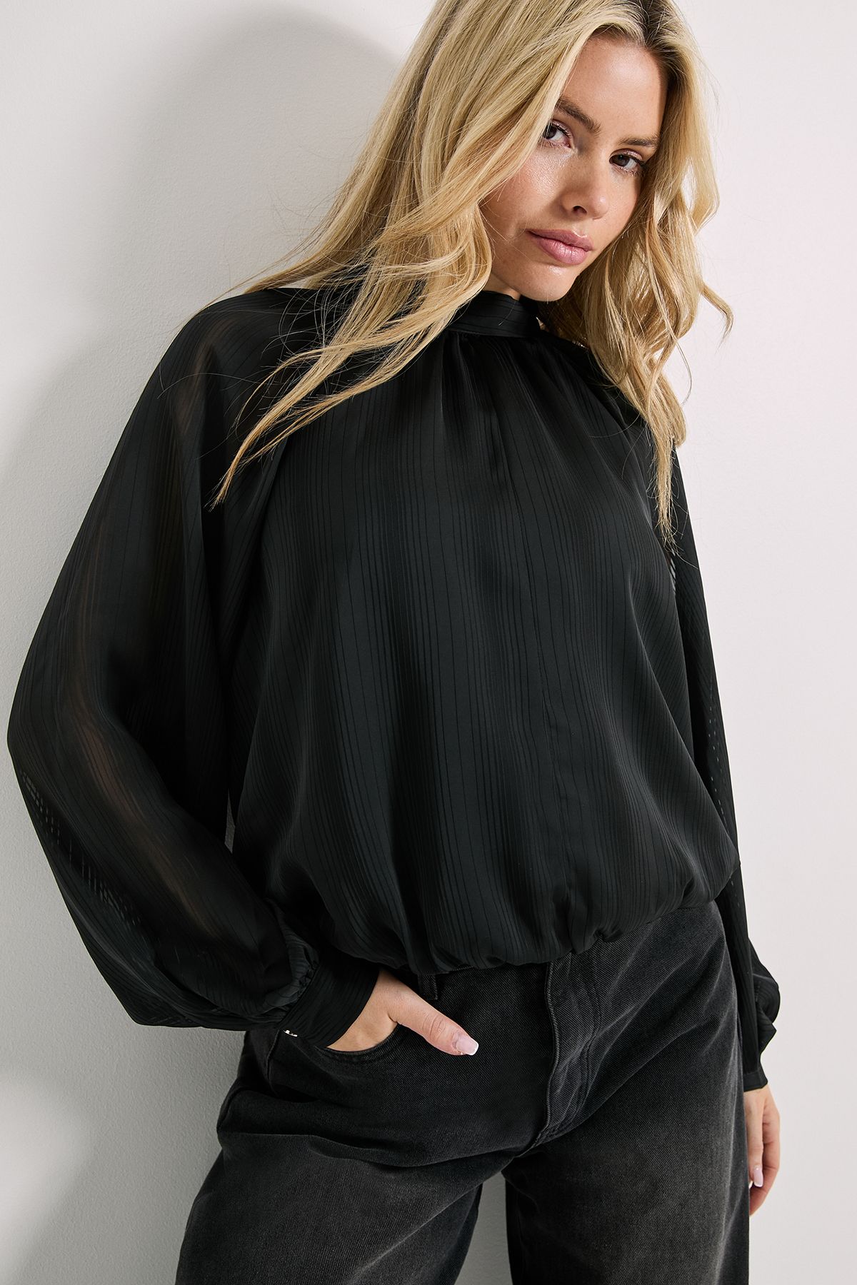 Dorothy Perkins Tie Neck Blouson Sleeve Satin Burnout Blouse Black image 4