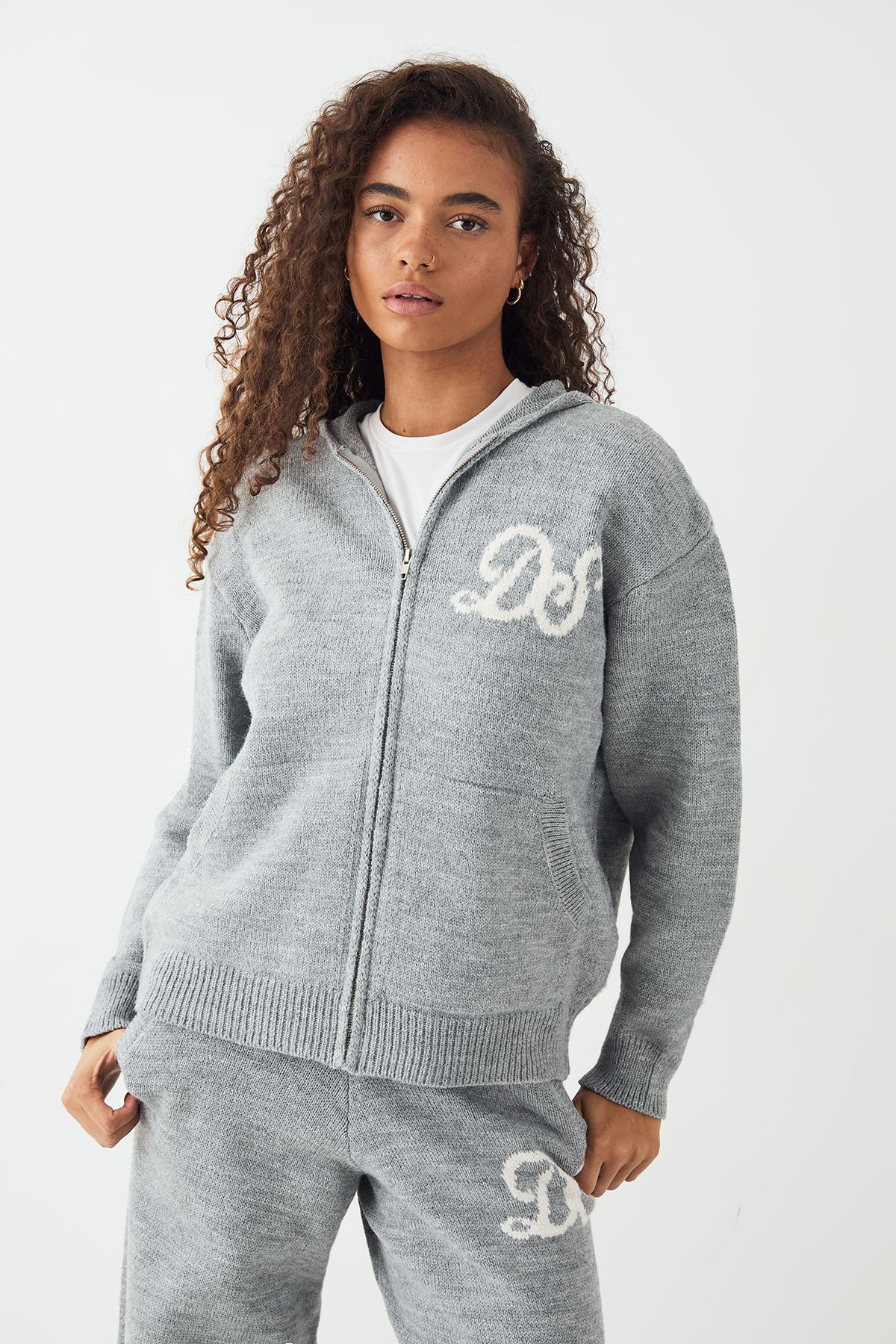 DSGN Studio DSGN Studio Knitted Zip Through Hoodie Grey Marl