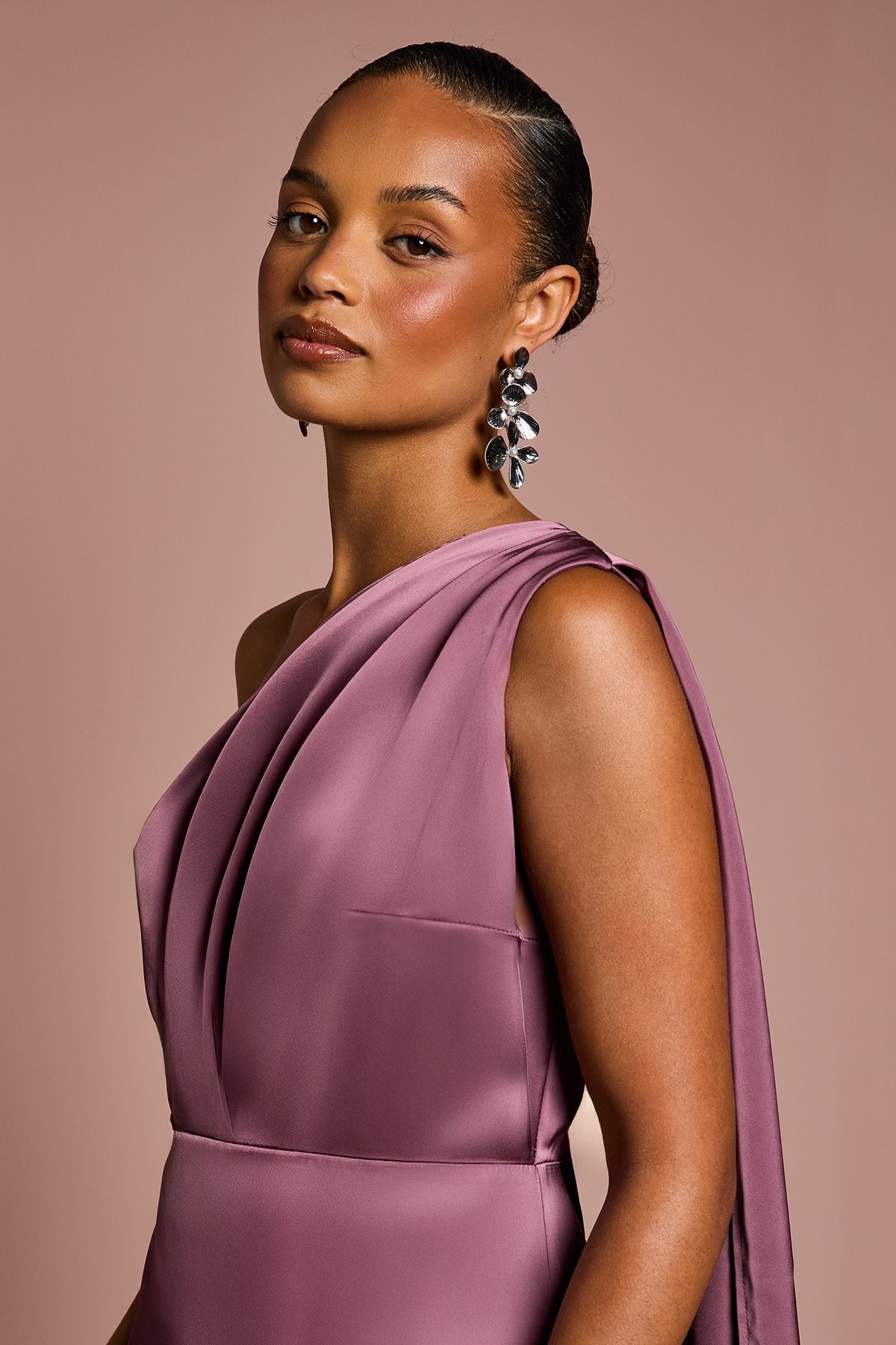 Coast Coast Honoured Petite Drape One Shoulder Satin Maxi Bridesmaid Dress Dark Mauve image 5