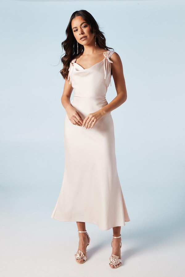 Oasis Bow Strap Detail Satin Midi Bridesmaids Dress Blush