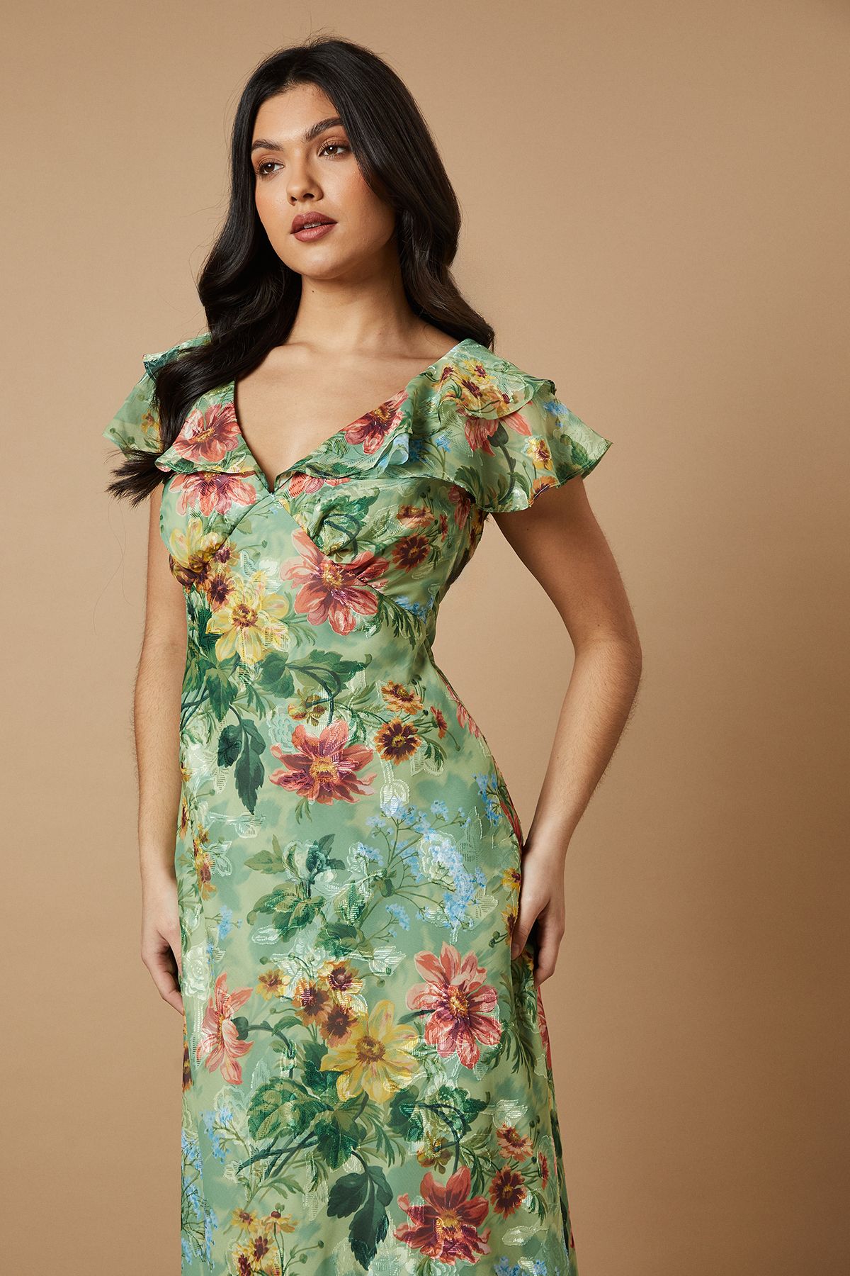 Oasis Floral Satin Burnout Ruffle Midi Dress Sage image 2