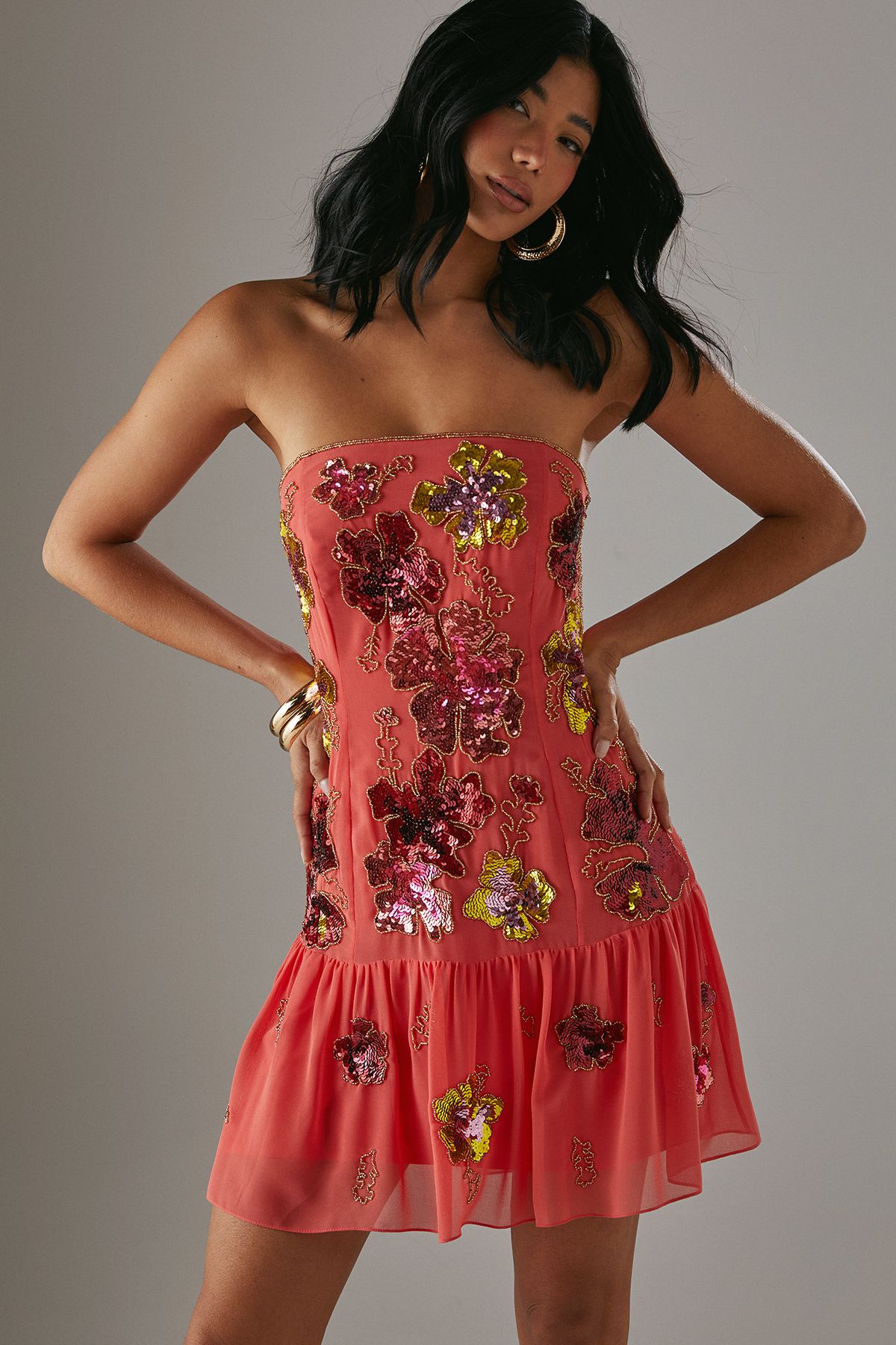 Warehouse Hand Embellished Sequin Structured Bandeau Drop Hem Mini Dress Coral image 2