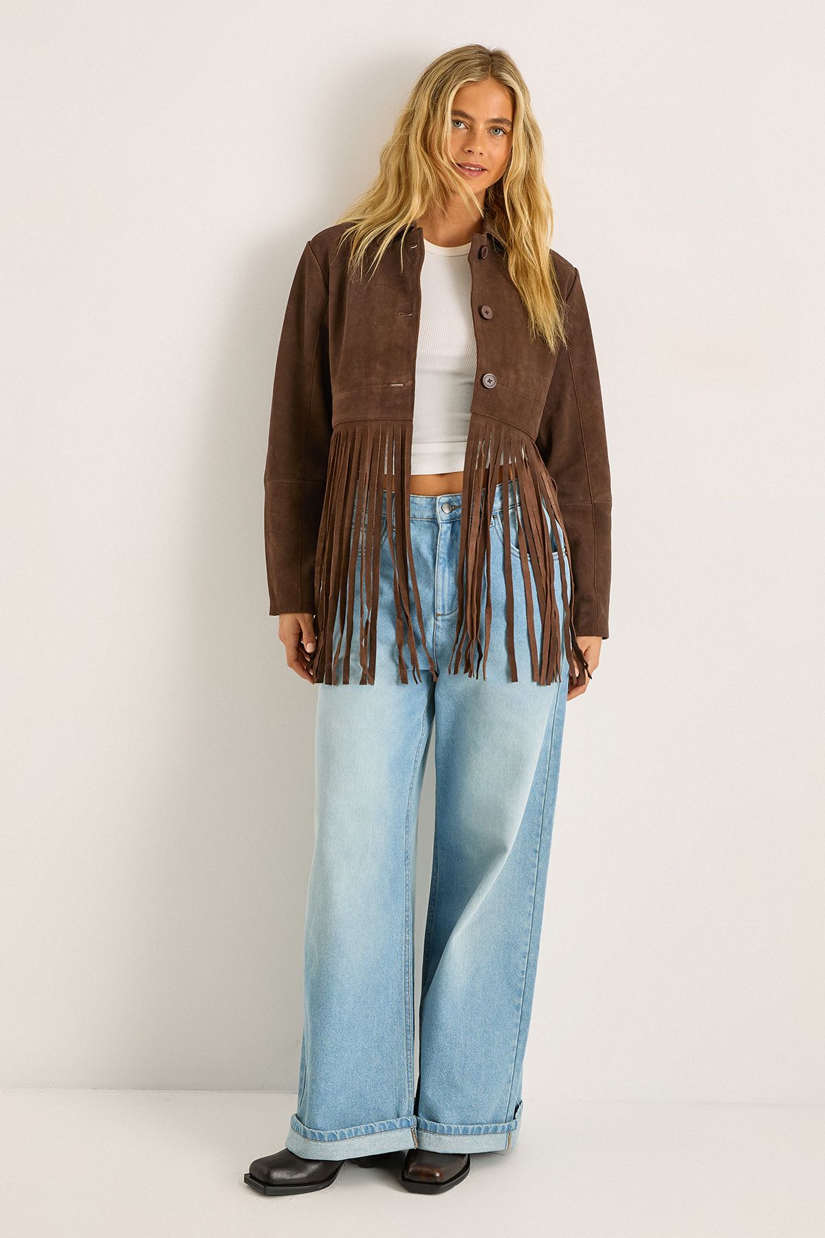 NastyGal Real Suede Fringe Jacket Chocolate image 1