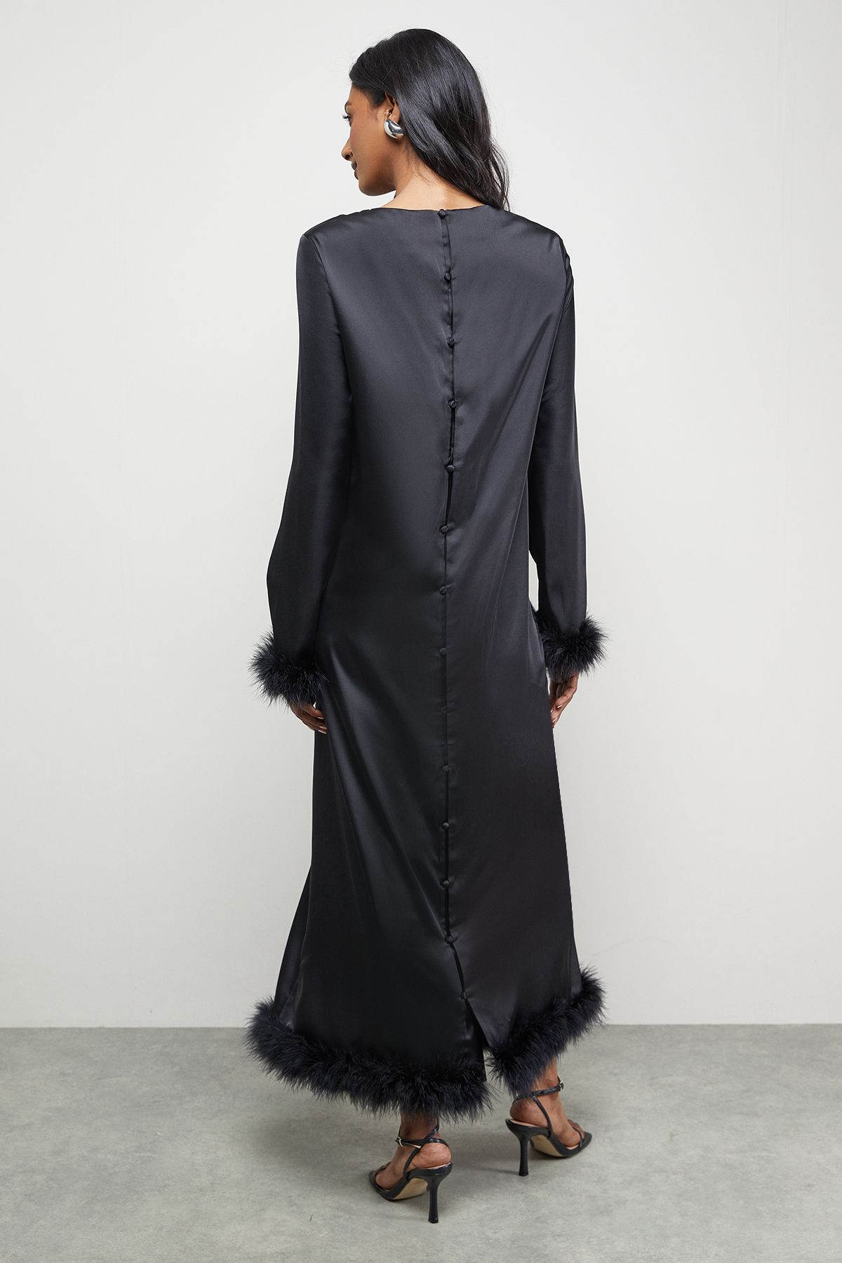 Warehouse Premium Satin Feather High Neck Swing Midi Dress Black image 3