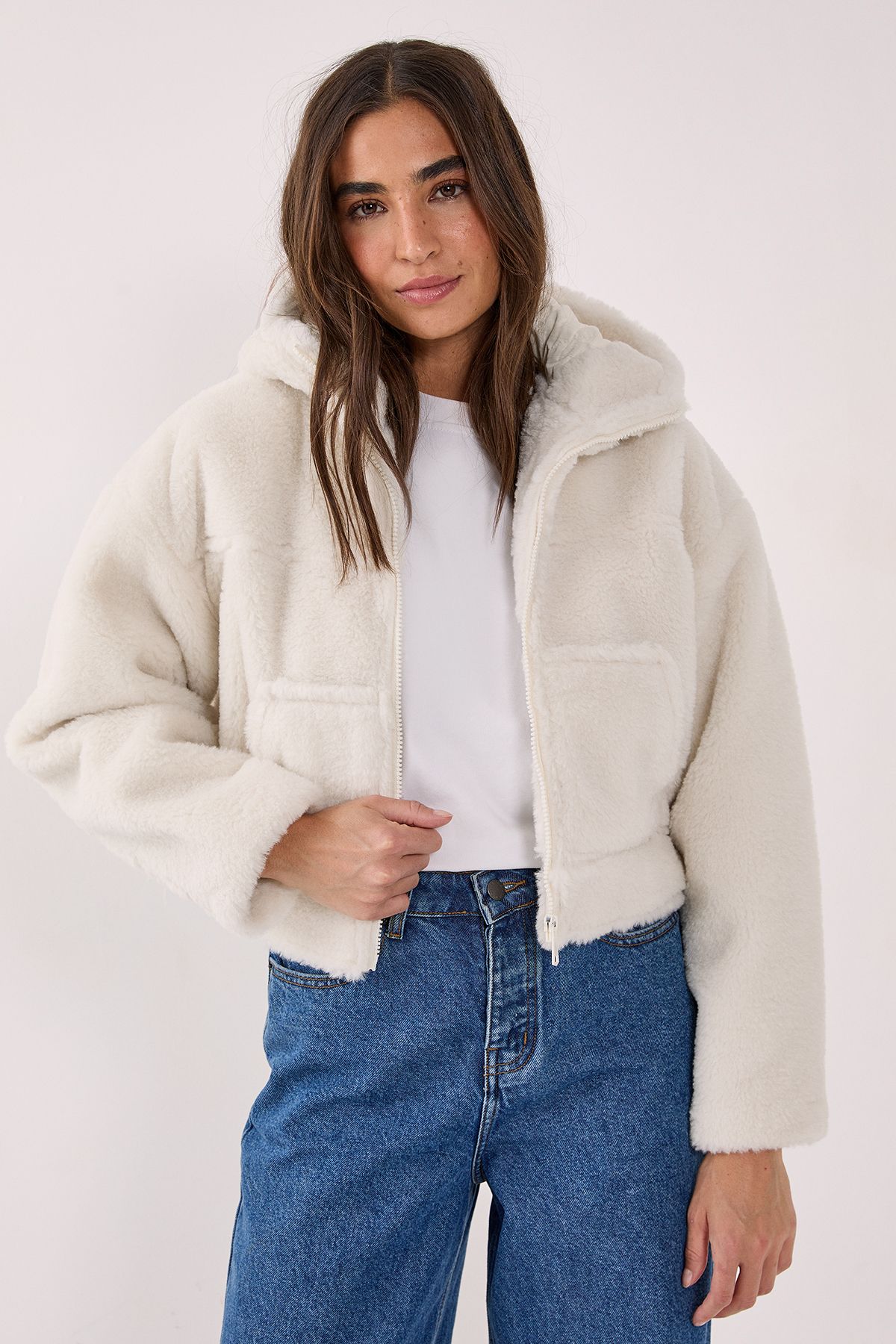 NastyGal Quilted Borg Hooded Jacket Cream image 4