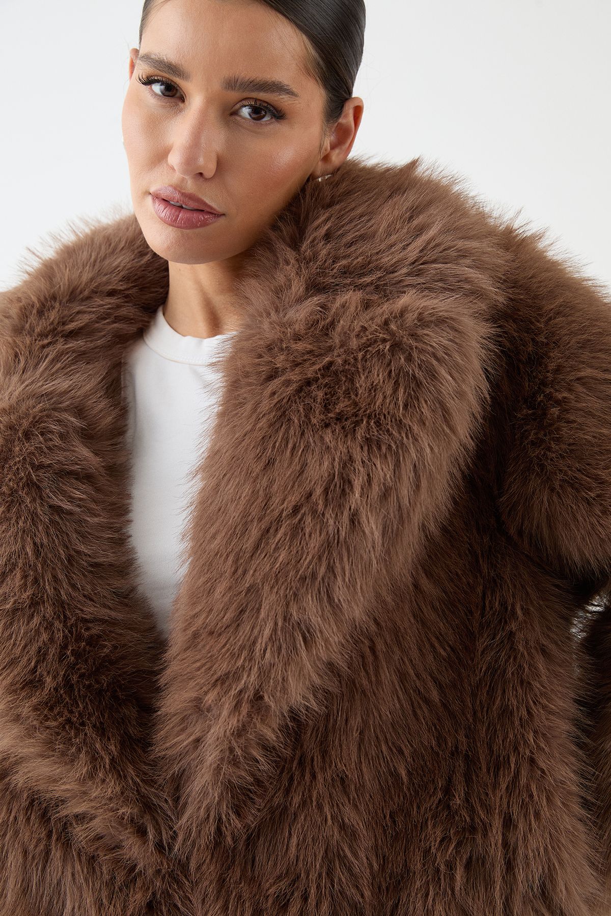 MissPap Long Faux Fur Wide Collar Coat Brown image 4
