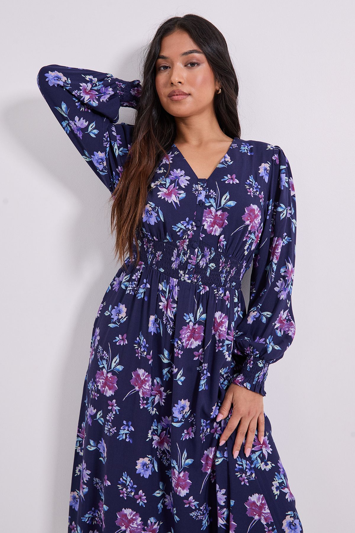 Dorothy Perkins Petite V Neck Button Front Detail Printed Midi Dress Blue image 2