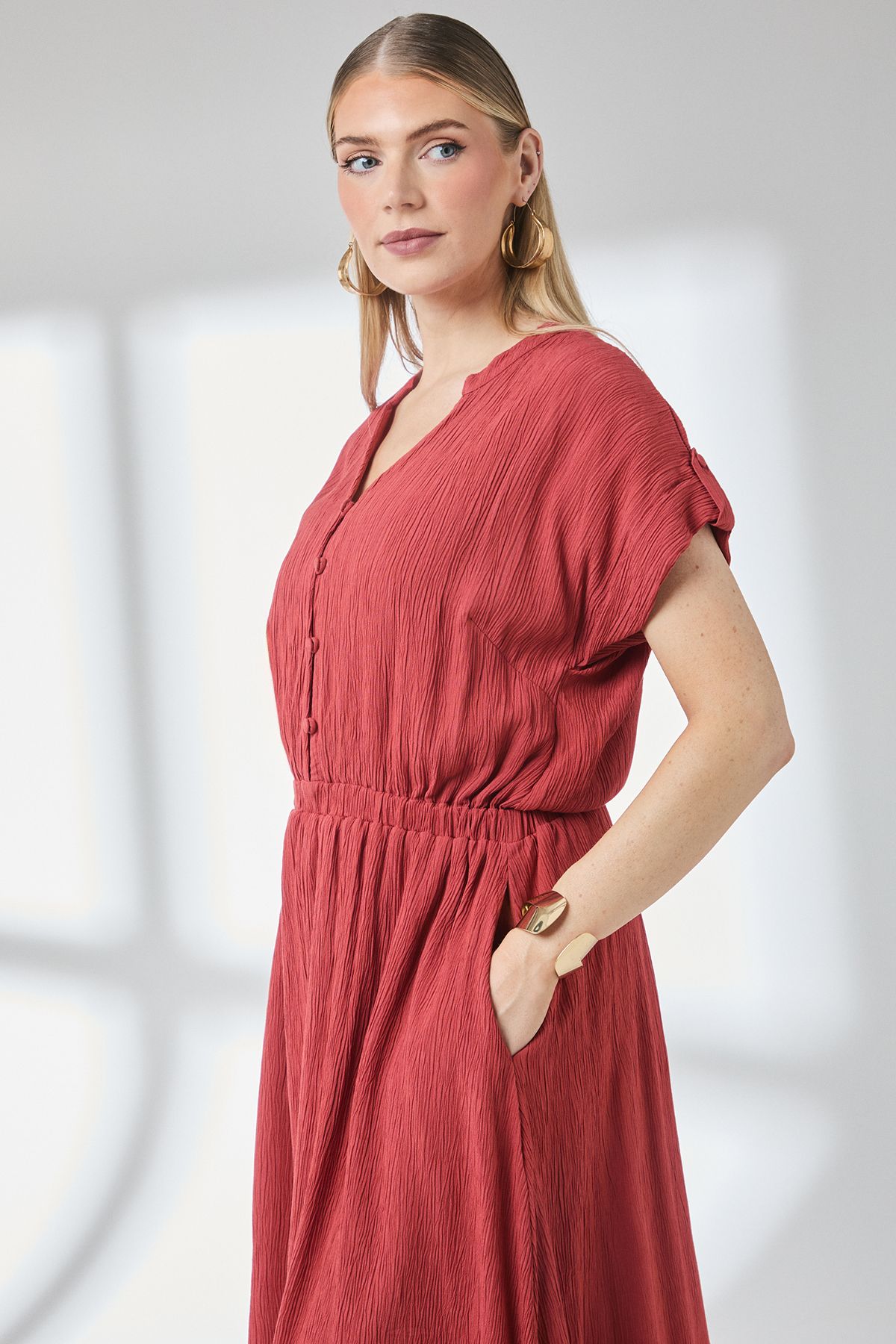 Principles Elasticated Waist Crinkle Viscose Midi Dress Rust image 2