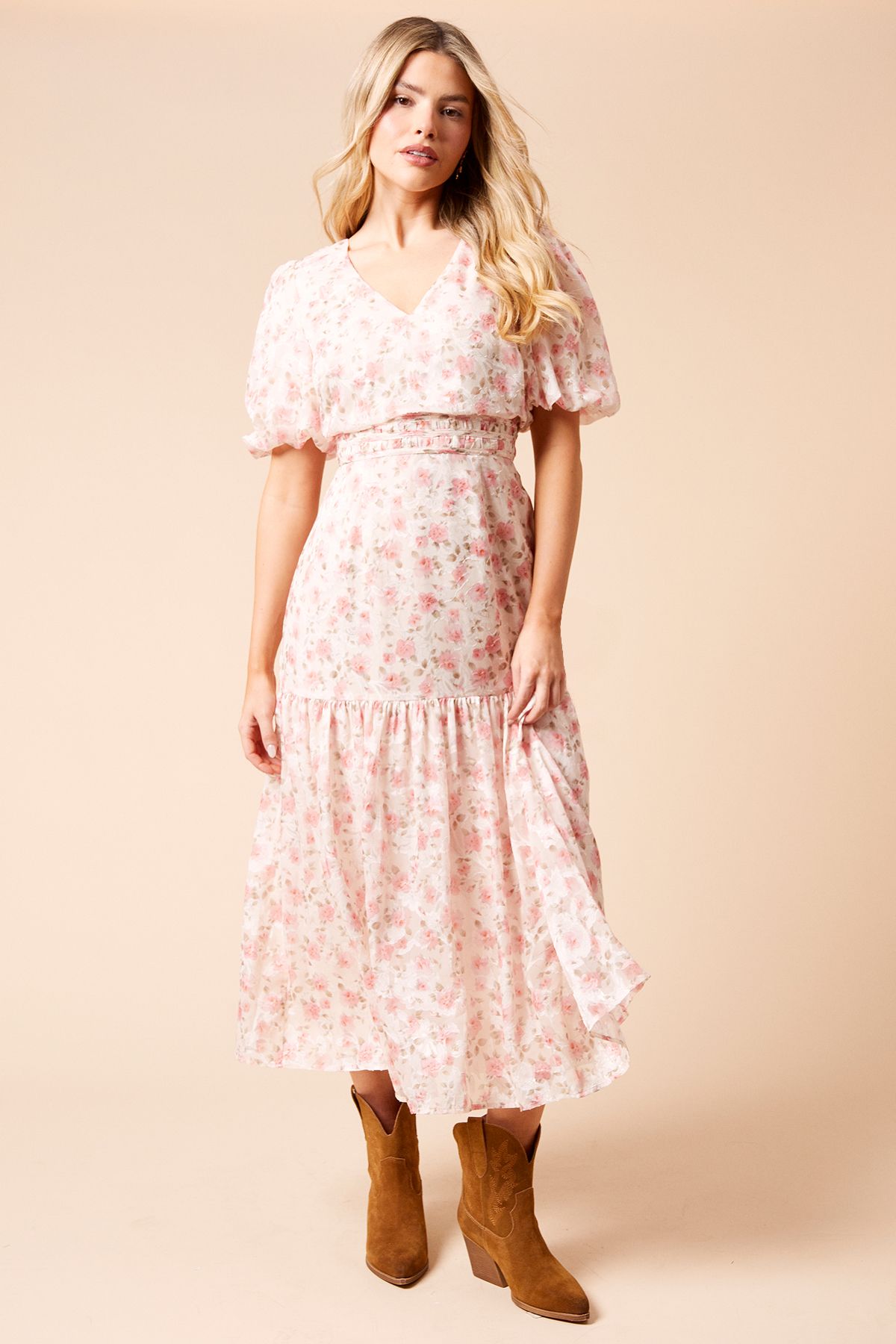 Dorothy Perkins DP Luxe Chiffon Jacquard Puff Sleeve Midi Dress Pink image 5