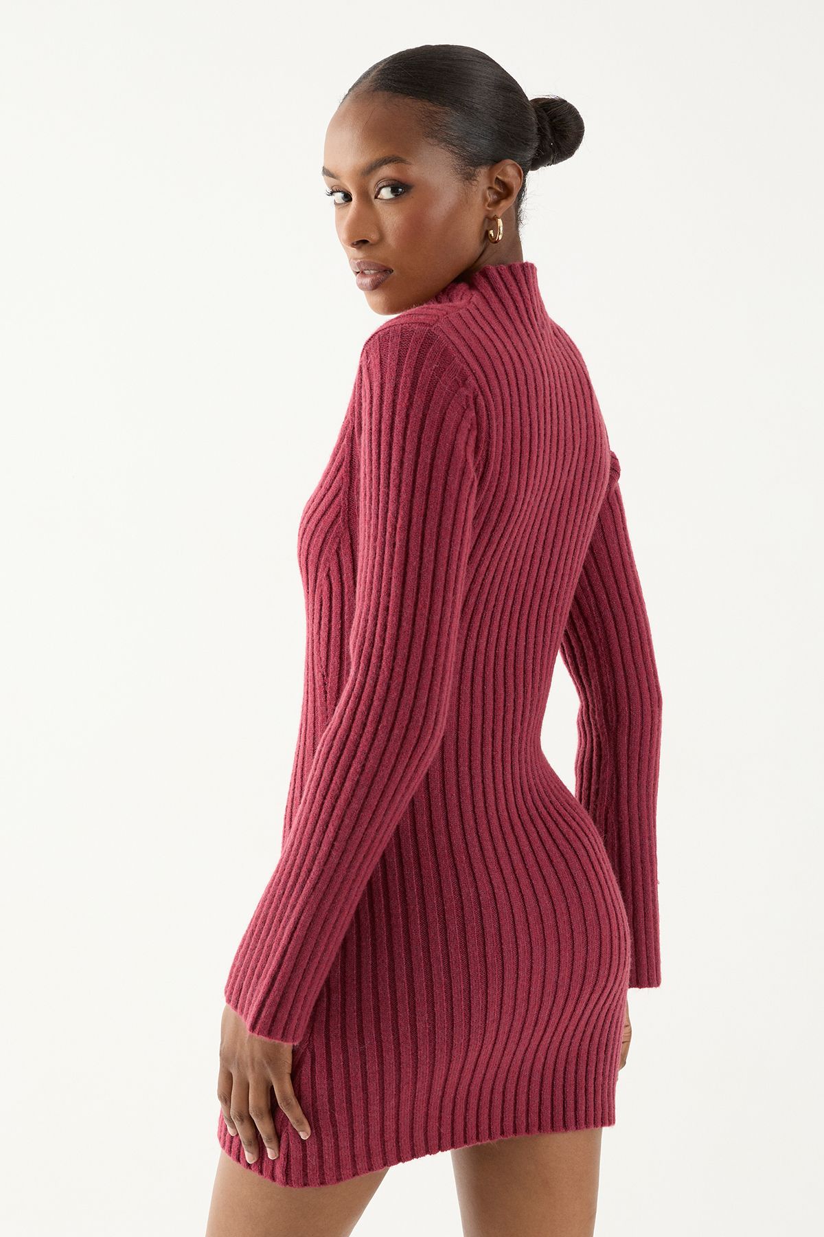 MissPap Knitted Ribbed Flute Long Sleeve Mini Dress Berry image 5