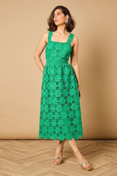 Oasis Floral Lace Detail Square Neck Midi Dress Emerald