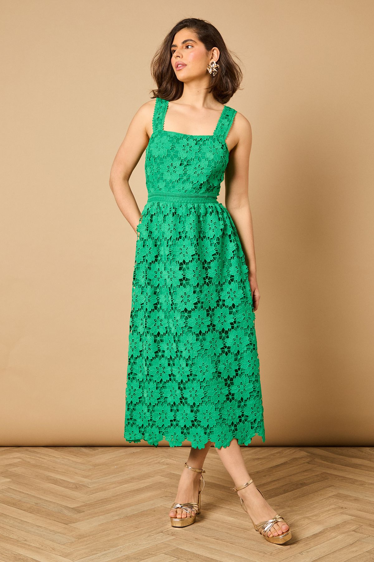 Oasis Floral Lace Detail Square Neck Midi Dress Emerald image 1