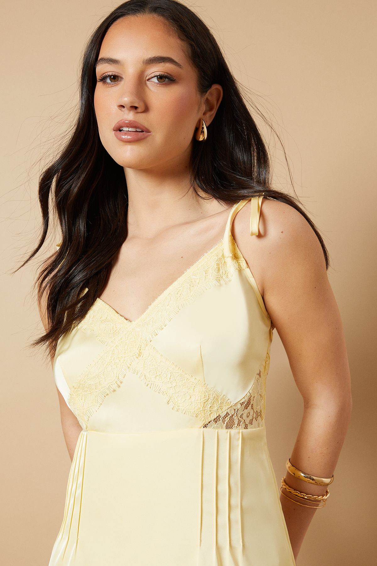 Oasis Strappy Satin Lace Insert Midi Dress Yellow image 4