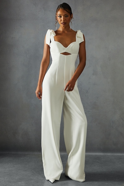MissPap Bow Shoulder Wide Leg Jumpsuit White