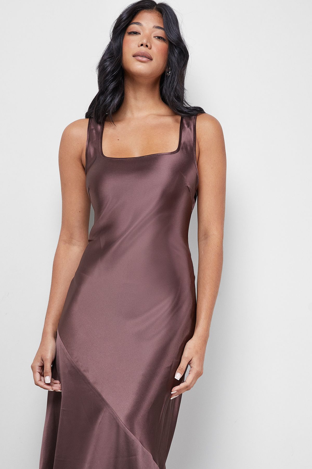 Warehouse Satin Scoop Neck Bias Midi Slip Dress Chocolate image 2