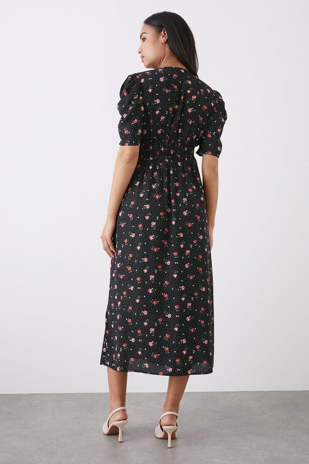Dorothy Perkins Black Rose Print Button Through Midi Dress Black image 3