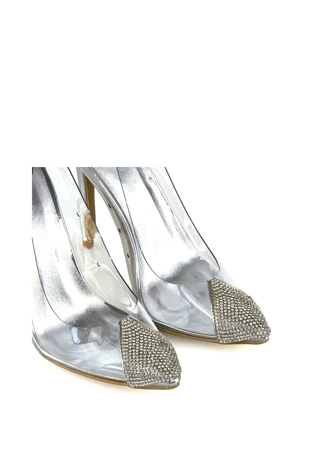 XY London 'Kaz' Pointed Toe Perspex Stiletto Court Heel Shoes With Diamante Detail image 5