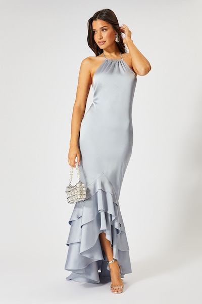 MissPap Satin Frill Hem Hater Neck Maxi Dress Blue