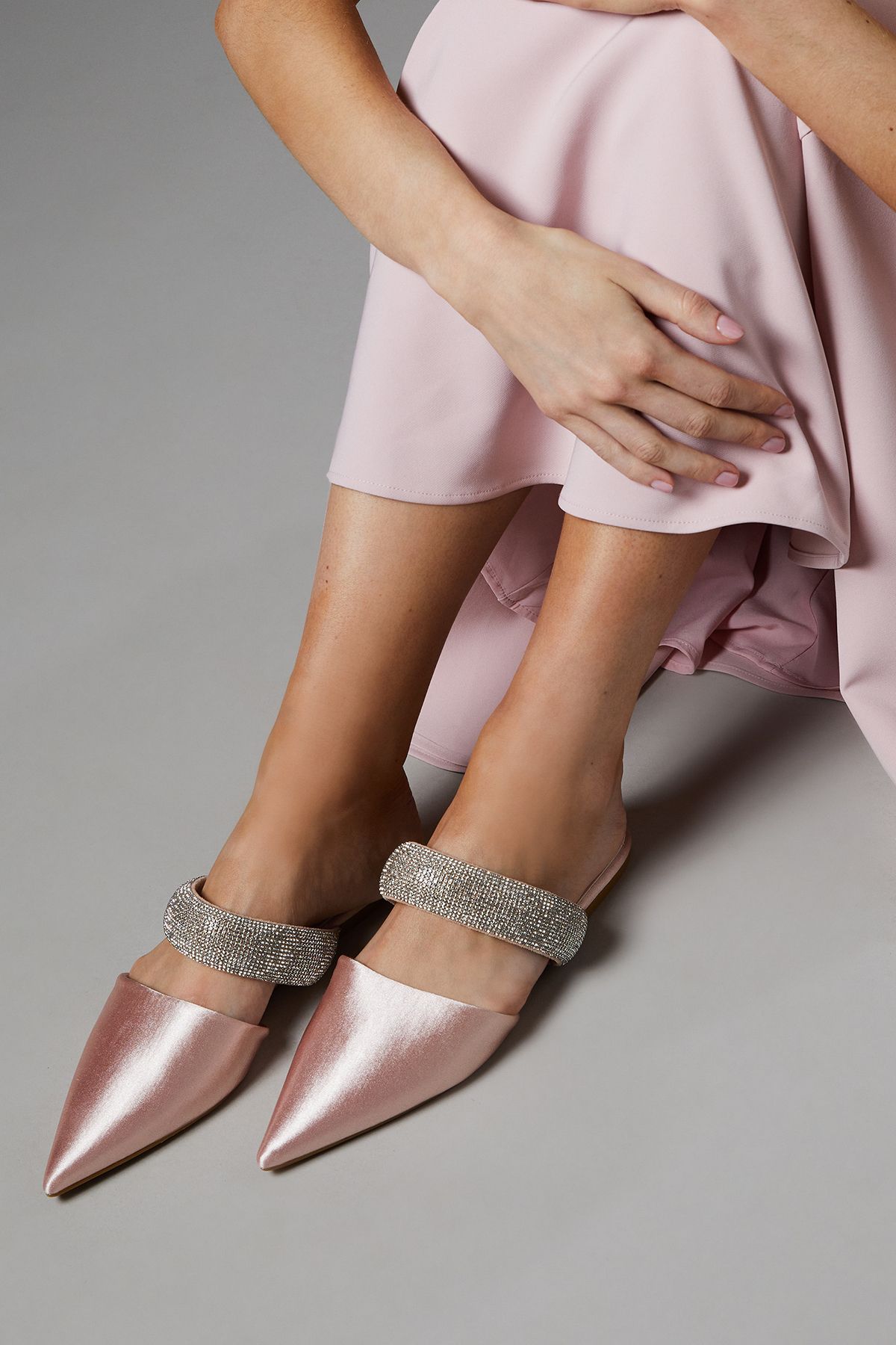 Coast Teenie Satin Diamante Strap Pointed Flat Mules Blush image 1