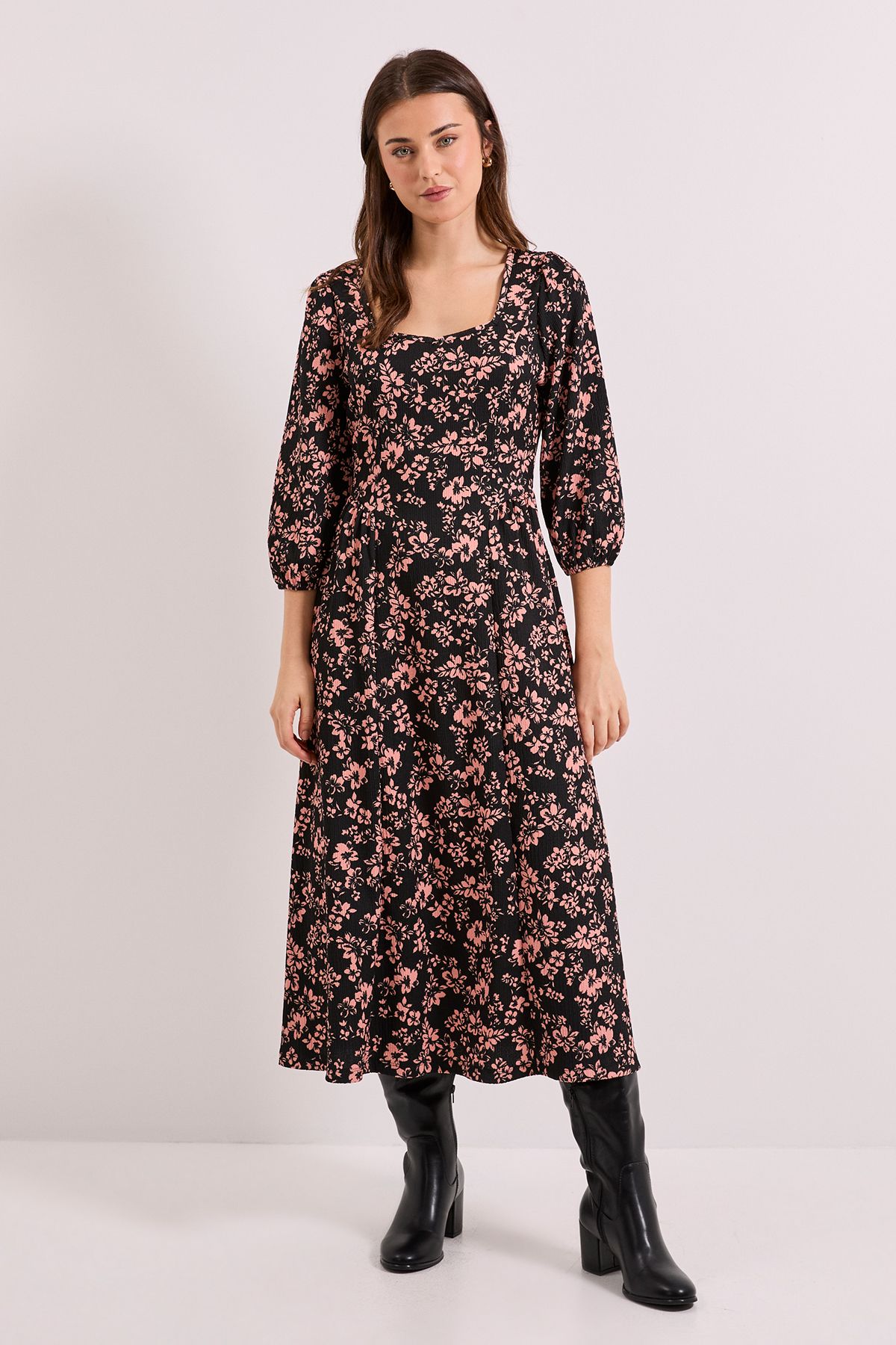 Dorothy Perkins Floral Sweetheart Neck Dropped Waist Seam Jersey Midi Dress Floral