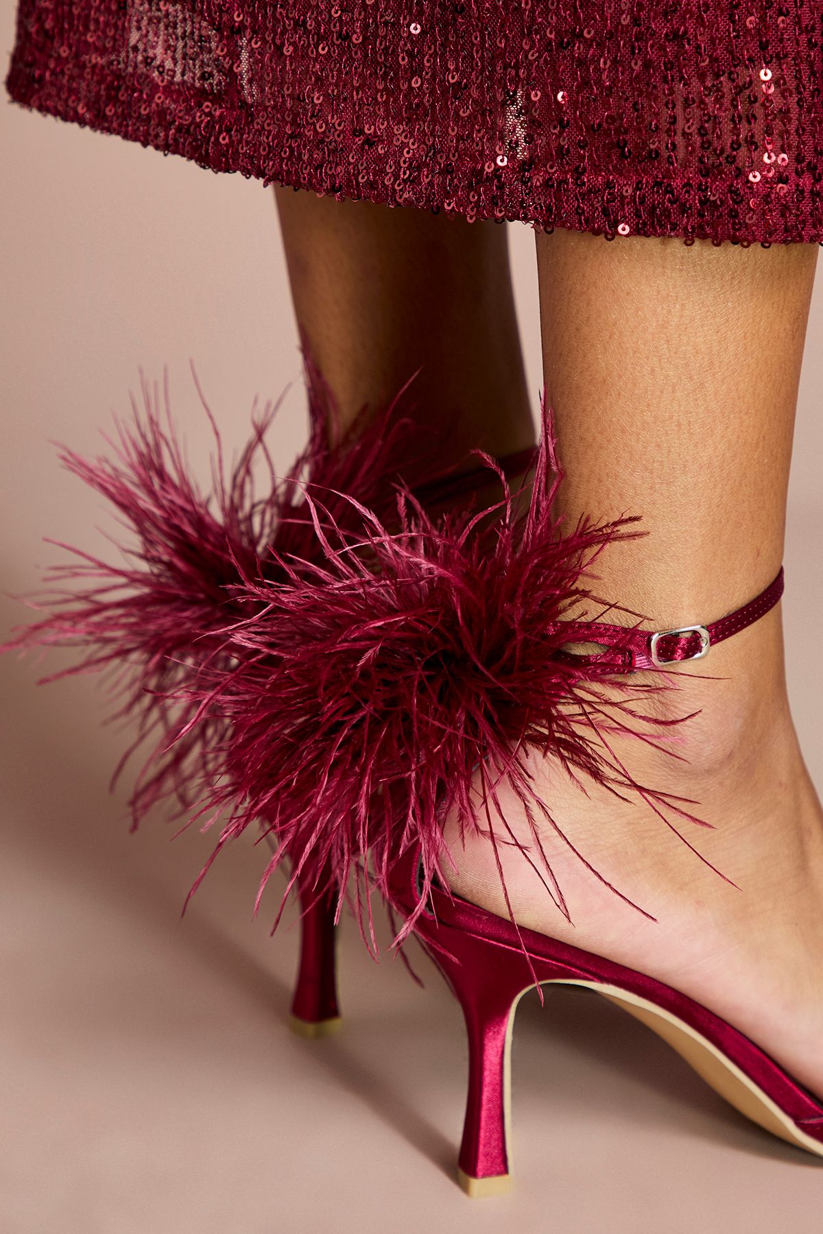 Coast Liv Satin Feather Back Detail High Stiletto Heeled Sandals Burgundy image 4