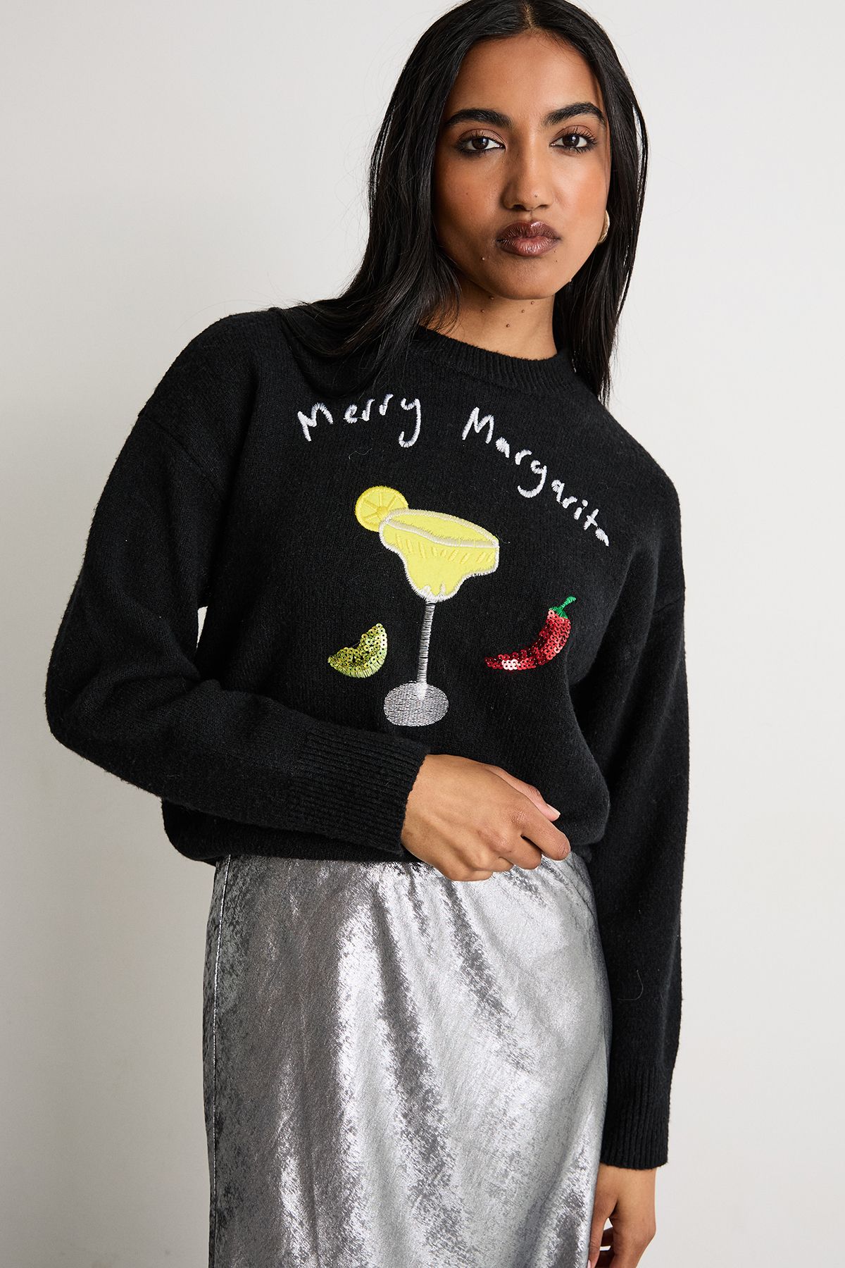 Warehouse Merry Margarita Christmas Jumper Black image 2