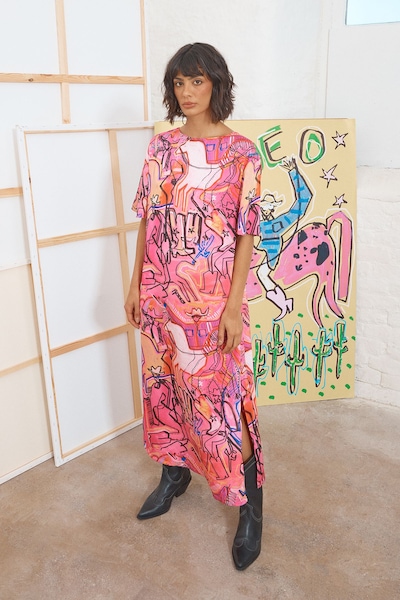 Warehouse Tony Satin Oversized T-Shirt Midi Dress Multi