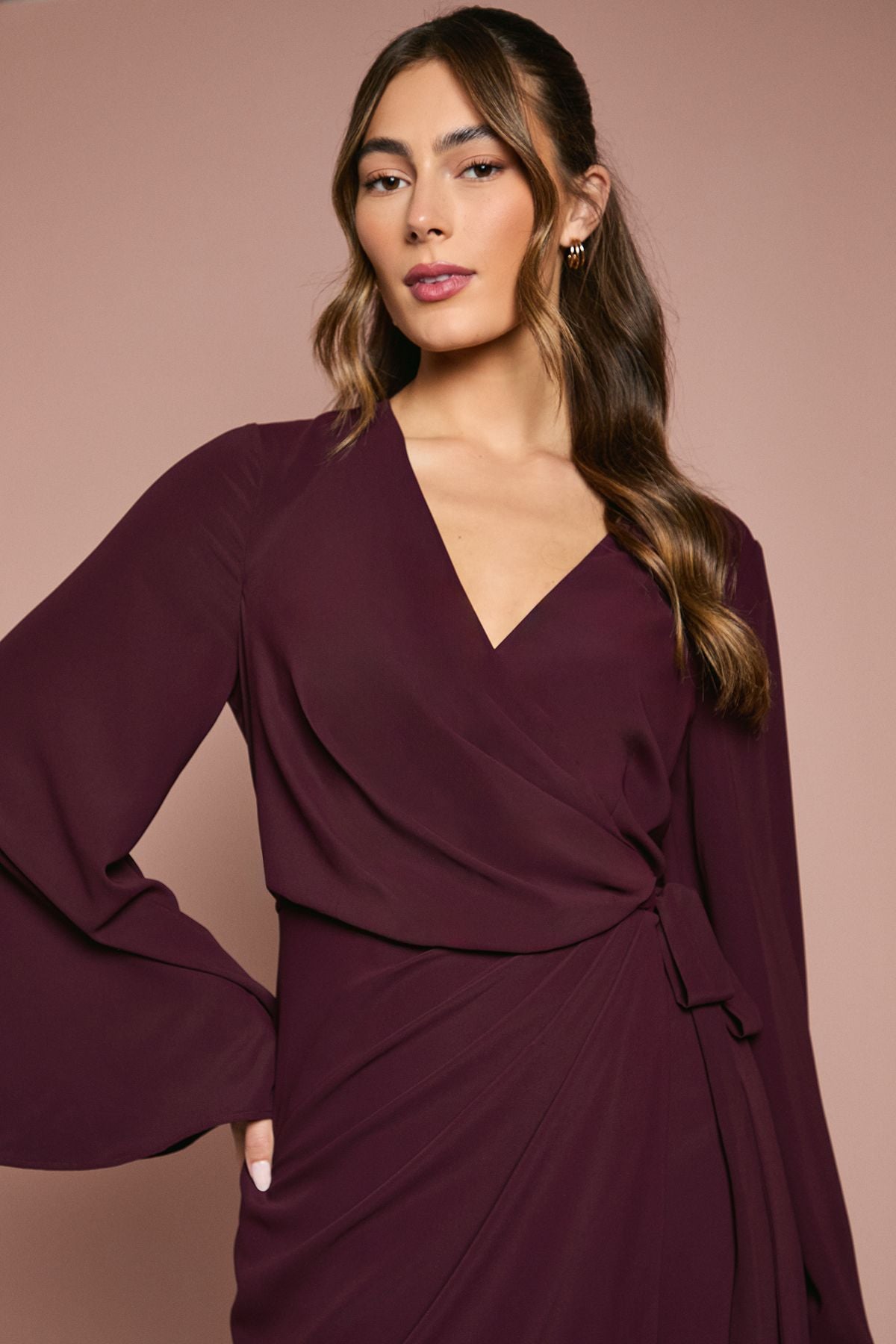 Coast Wrap Waist Crepe Long Sleeve Bridesmaid Dress Fig image 2
