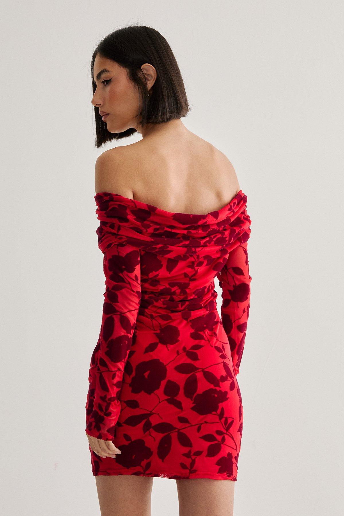 NastyGal Floral Devore Ruched Mini Dress Red image 4