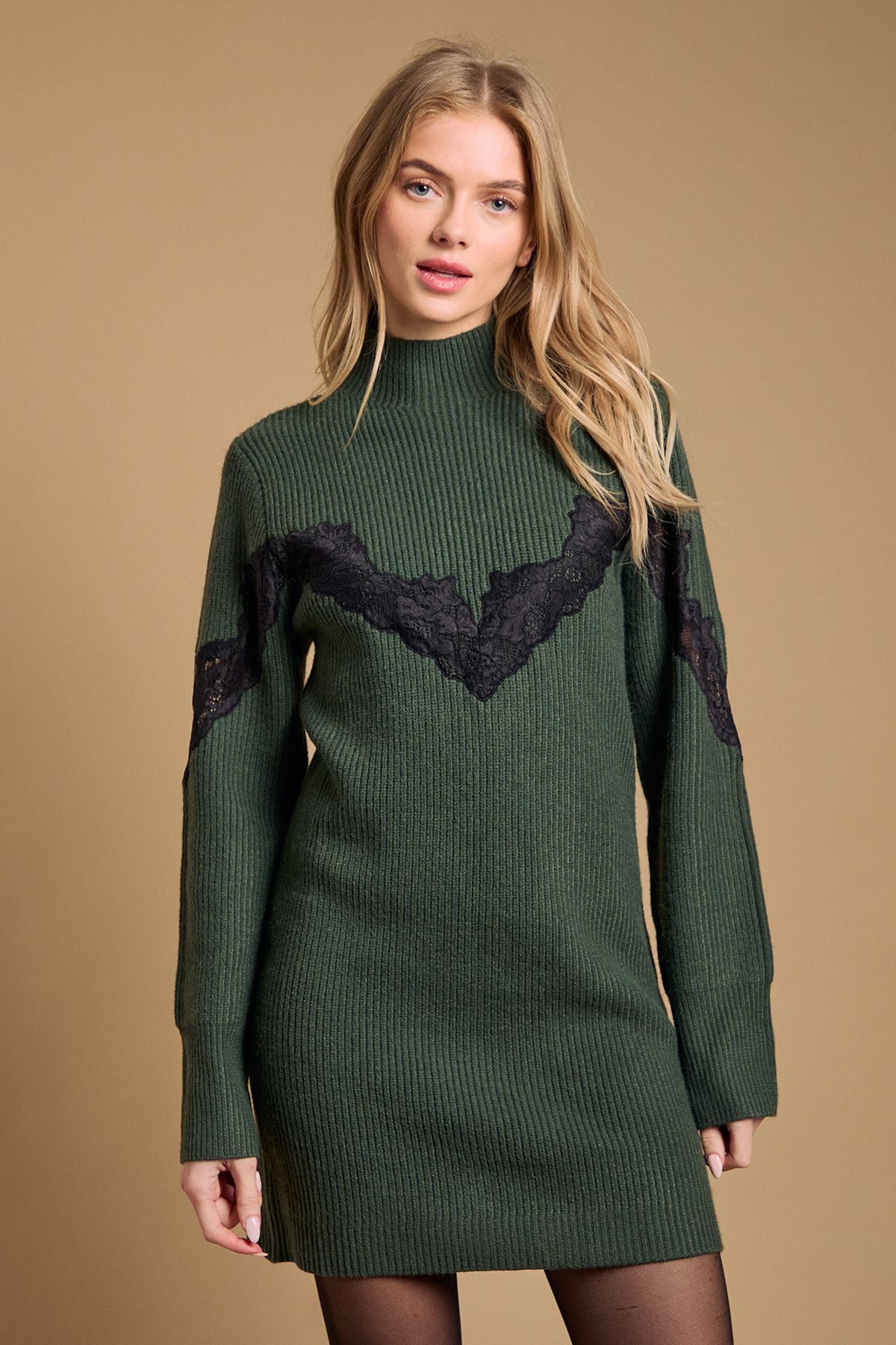 Oasis Contrast Lace Stitch High Neck Knitted Mini Dress Khaki image 2