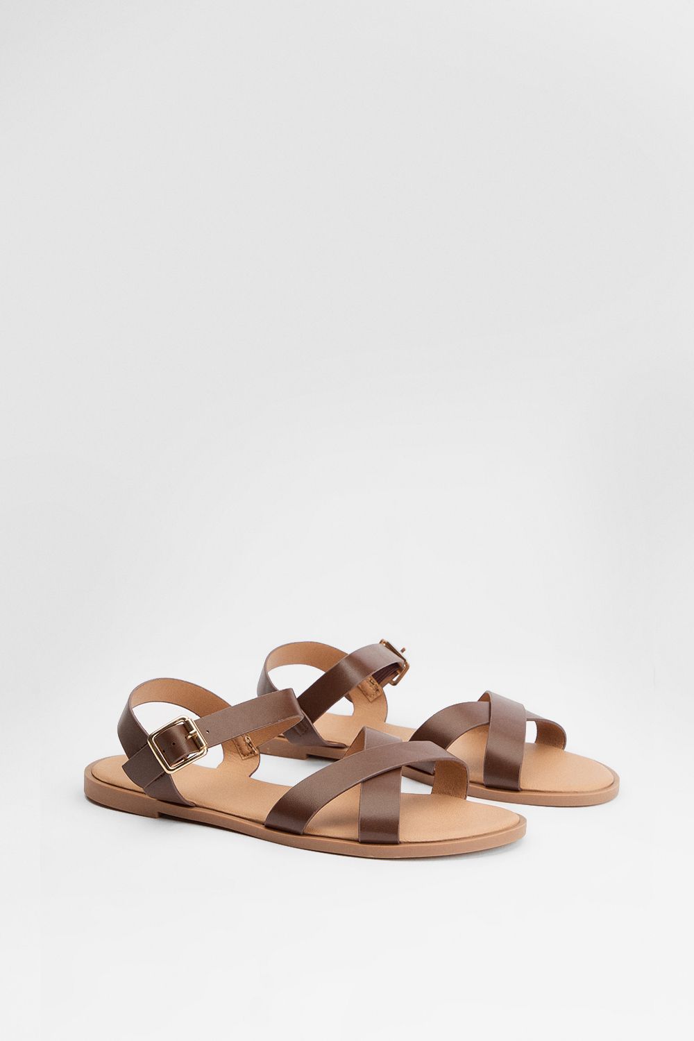 Dorothy Perkins Florence Faux Leather Cross Strap Flat Sandals Chocolate