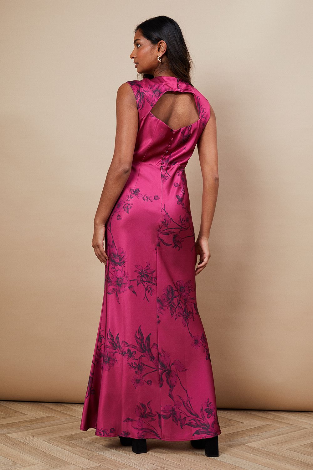 Oasis Petite Floral Occasion Satin Open Back Maxi Dress Berry image 3