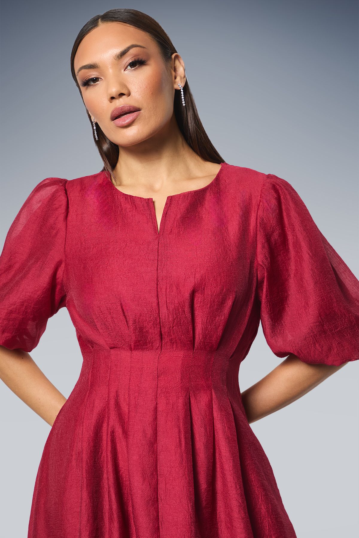 Principles Wine Pleat Waist Organza Midi Dress Wine image 4