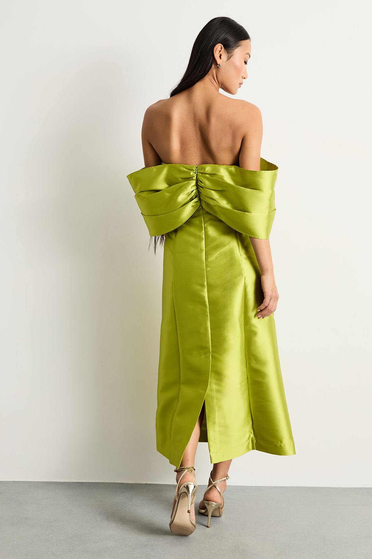 Warehouse Petite Satin Twill Notch Front Bardot Midi Dress Chartreuse image 3