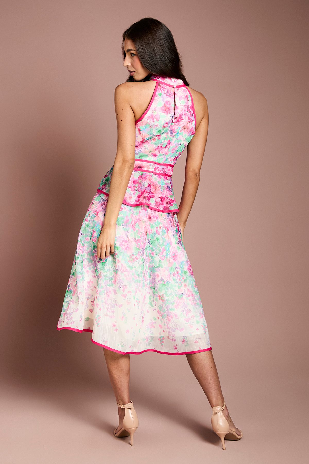 Coast Placement Print Organza Halter Neck Midi Dress Pink image 3