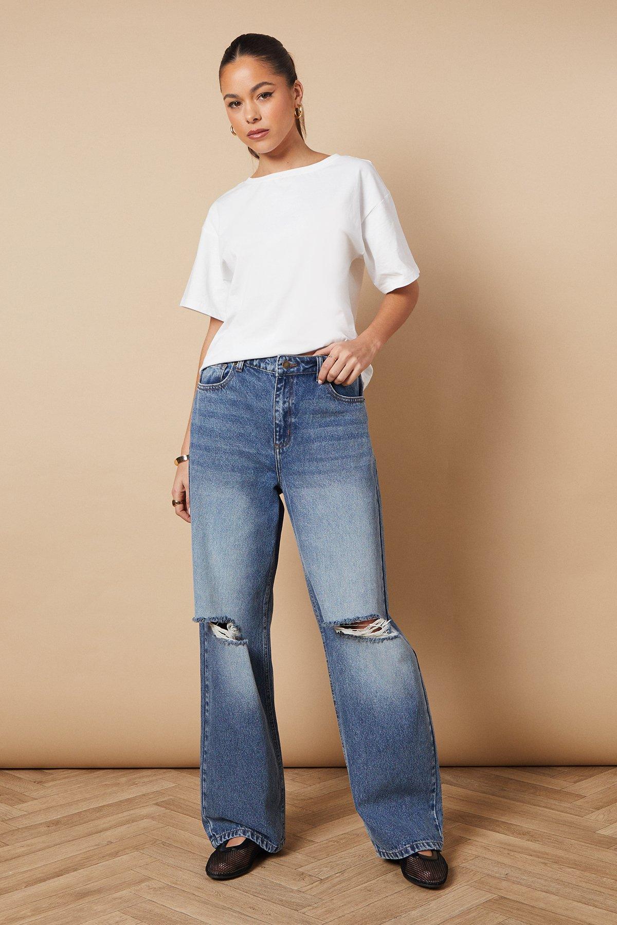 Oasis Denim Straight Leg Jean With Rips Vintage Blue image 1