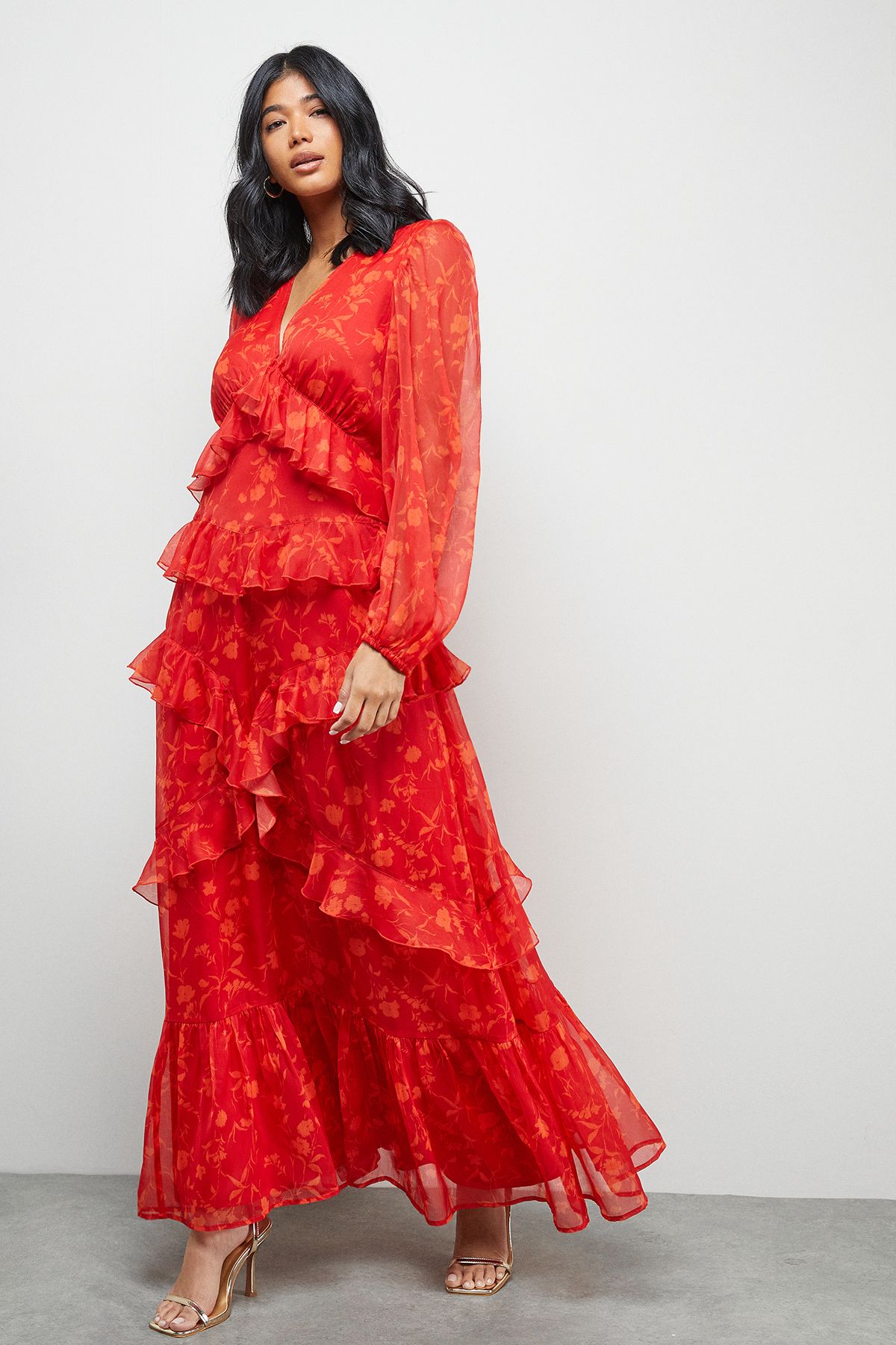 Warehouse Print Chiffon Plunge Neck Ruffle Detail Volume Sleeve Maxi Dress Floral image 2