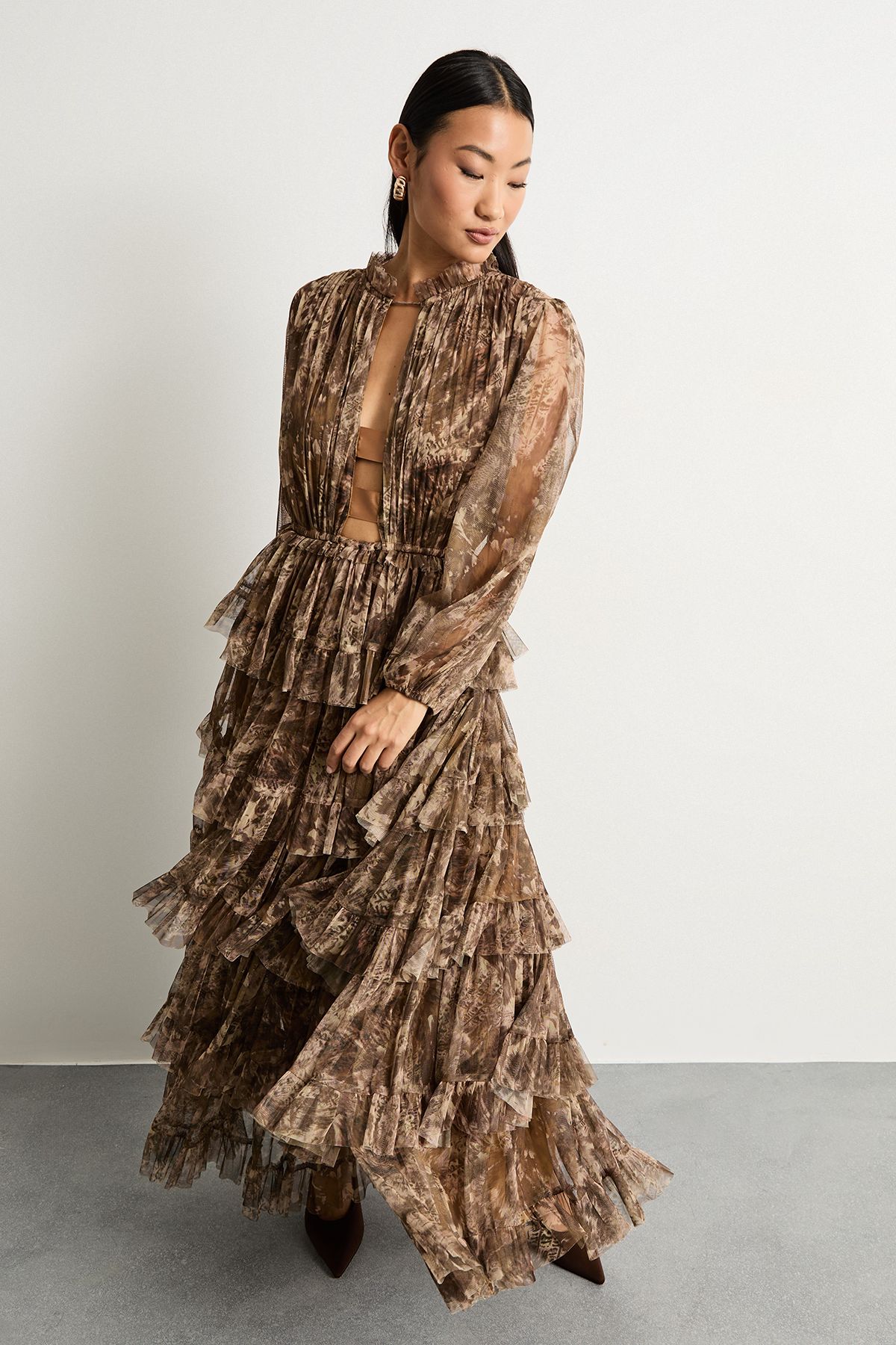 Warehouse Petite Ruffle Neck Tulle Maxi Dress Multi