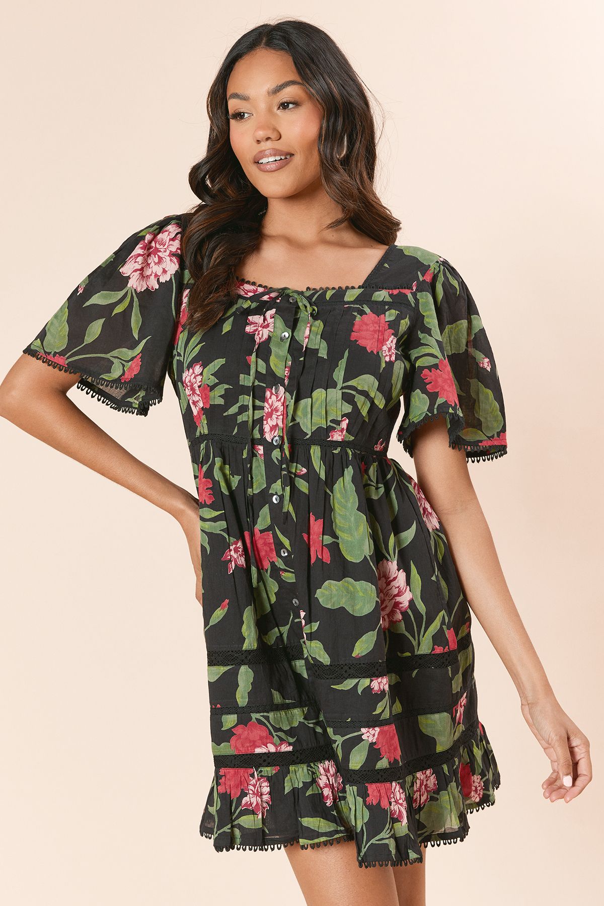 Dorothy Perkins Pink Large Floral Lace Trim Button Front Mini Dress Floral image 1