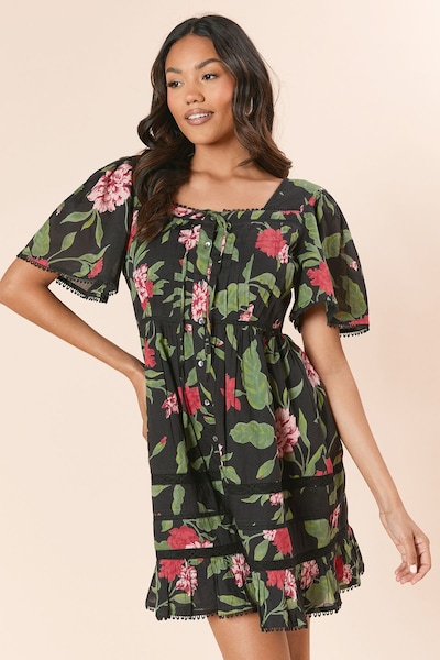 Dorothy Perkins Pink Large Floral Lace Trim Button Front Mini Dress Floral