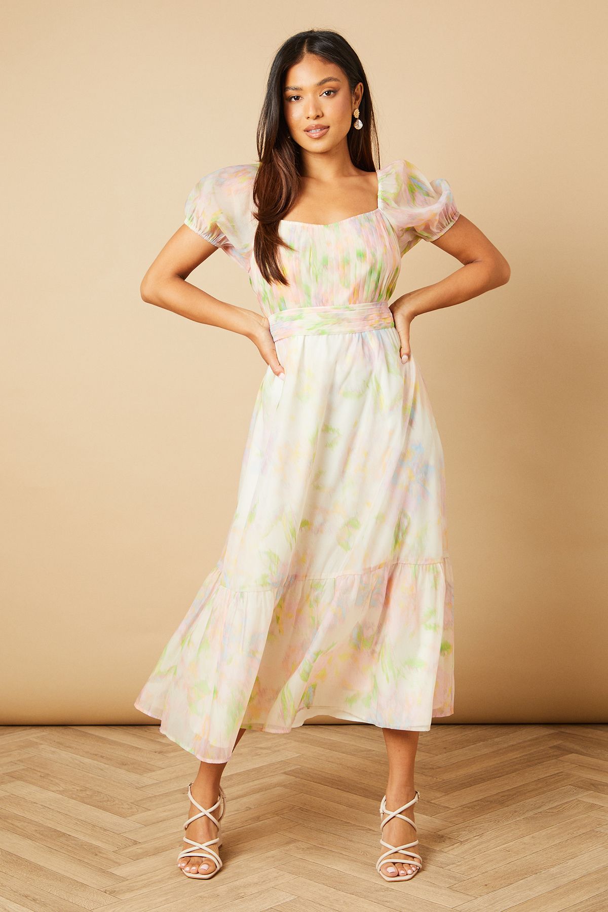 Oasis Petite Ruched Bust Organza Tiered Midi Dress Blush image 1