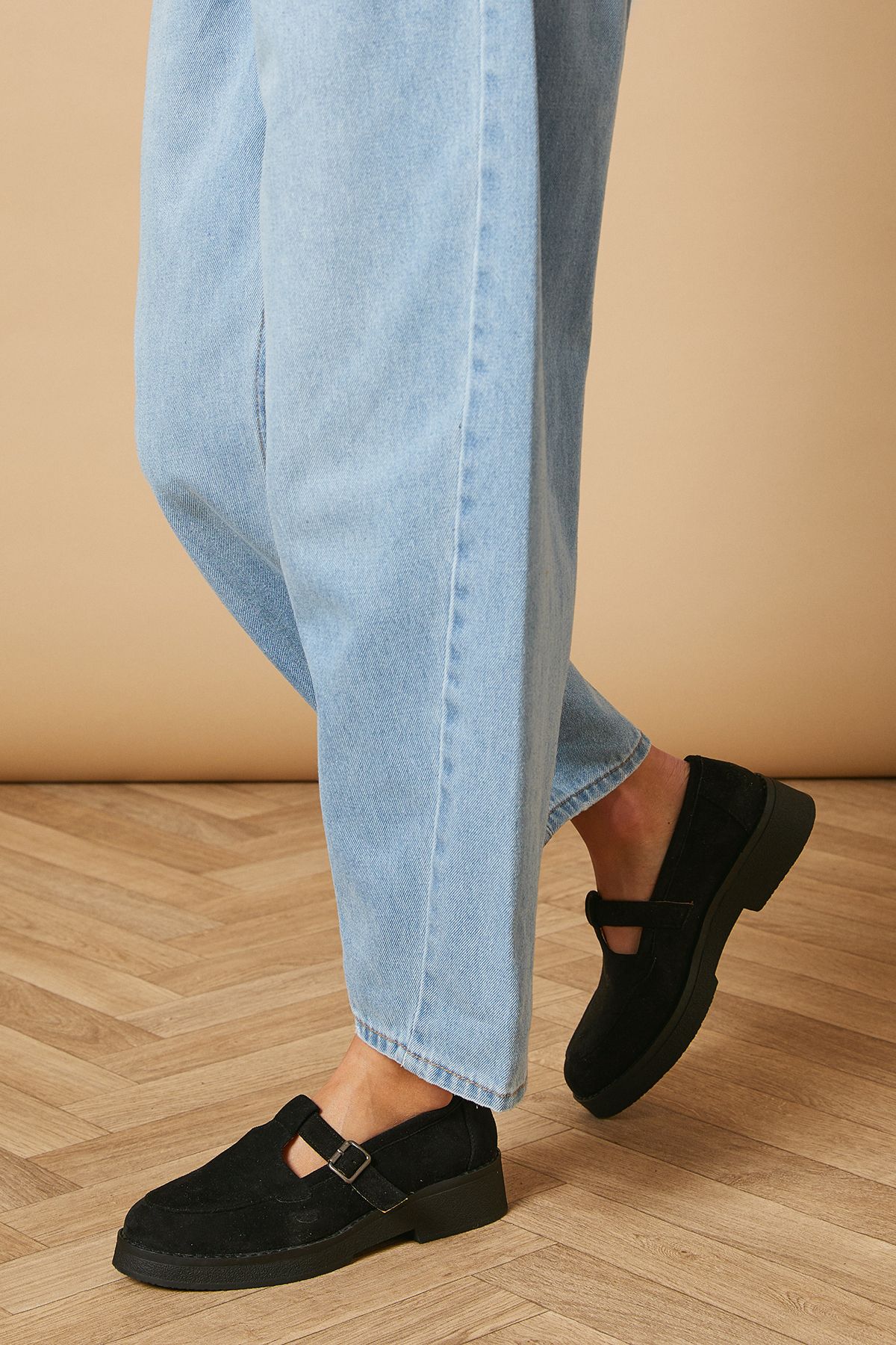 Oasis Edna Faux Suede T-Bar Chunky Casual Shoes Natural Black image 2