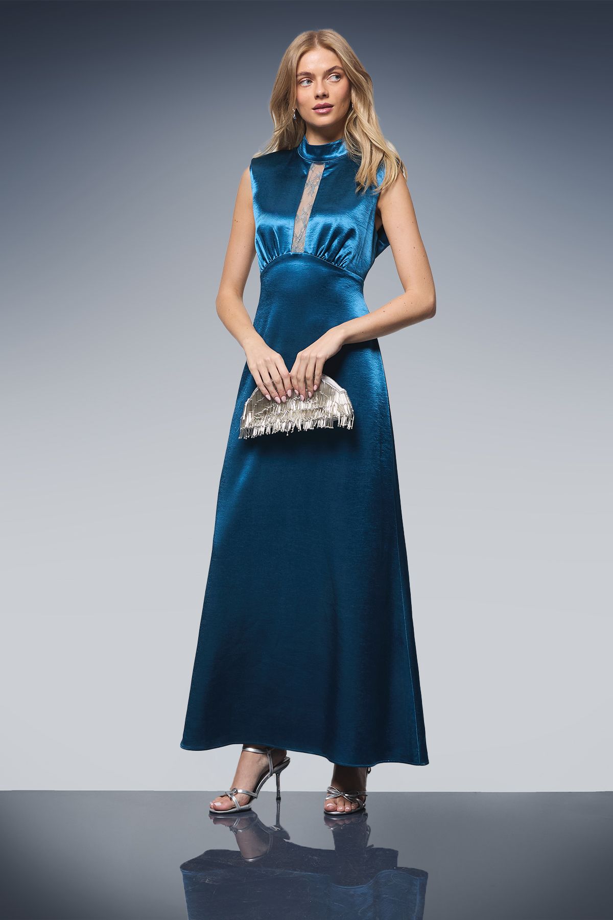 Oasis Lace Insert Sleeveless High Neck Midi Dress Teal